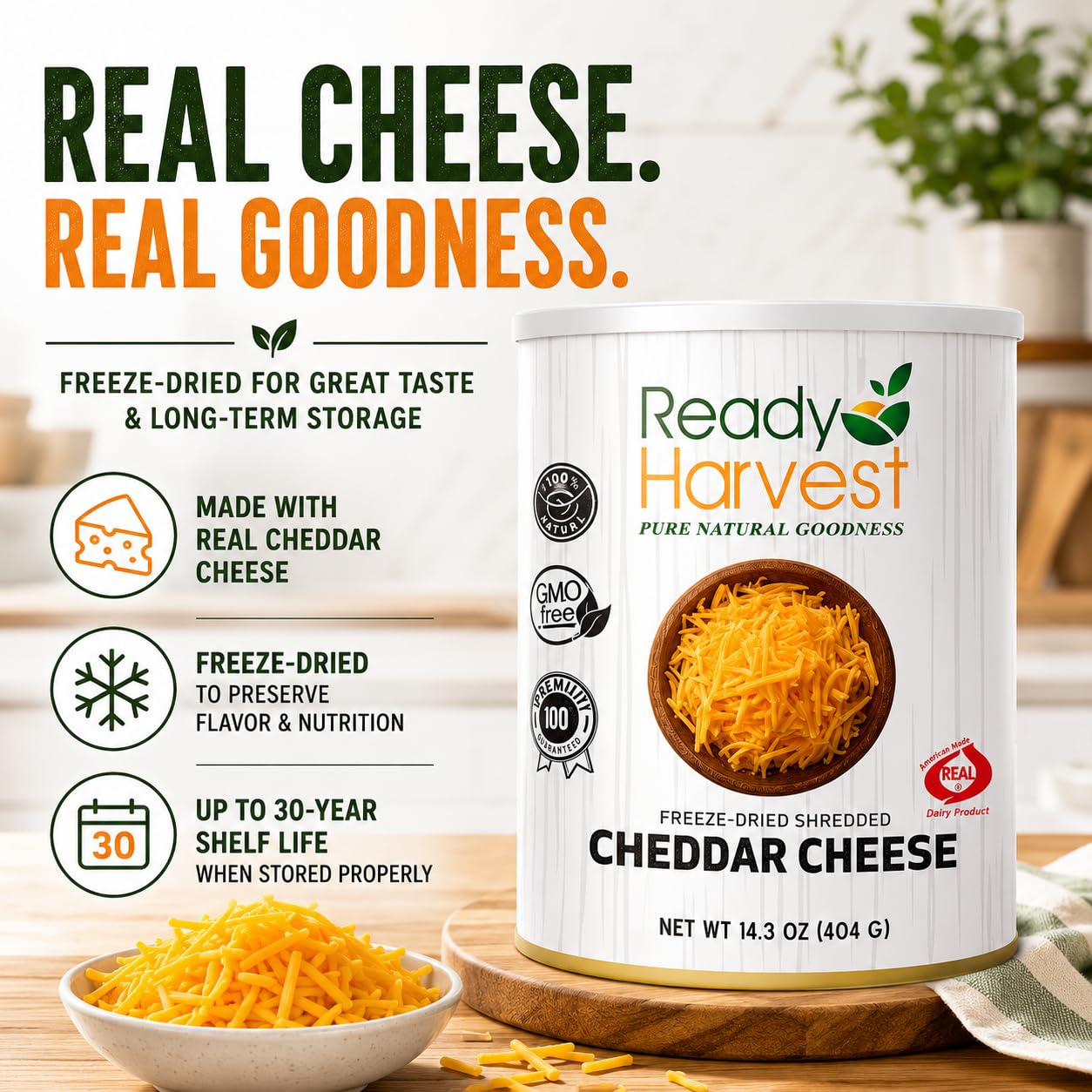 Ready Harvest opened can revealing freeze-dried shredded cheddar and preserved freshness