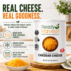 Ready Harvest opened can revealing freeze-dried shredded cheddar and preserved freshness