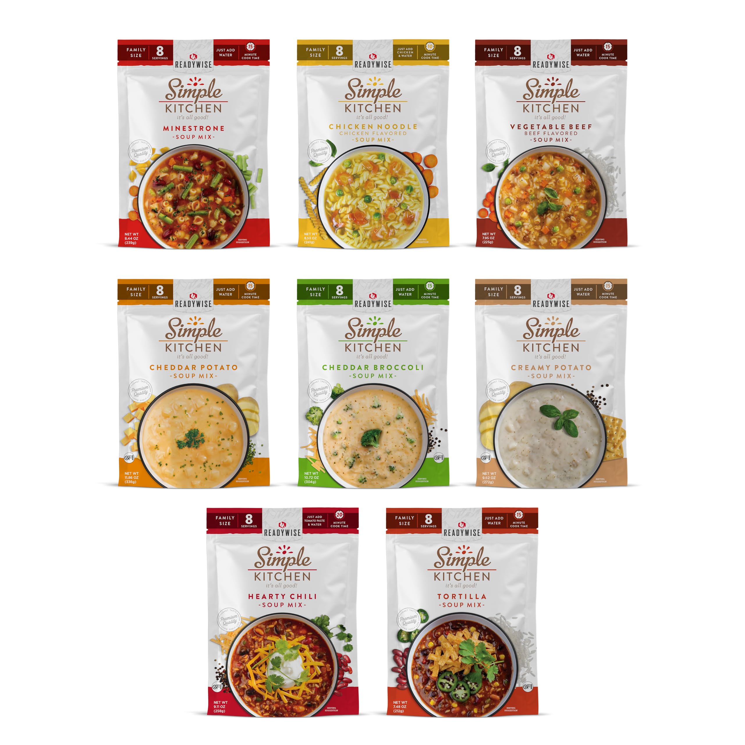 ReadyWise front packaging of soup sampler showing family-size pouches and variety benefits