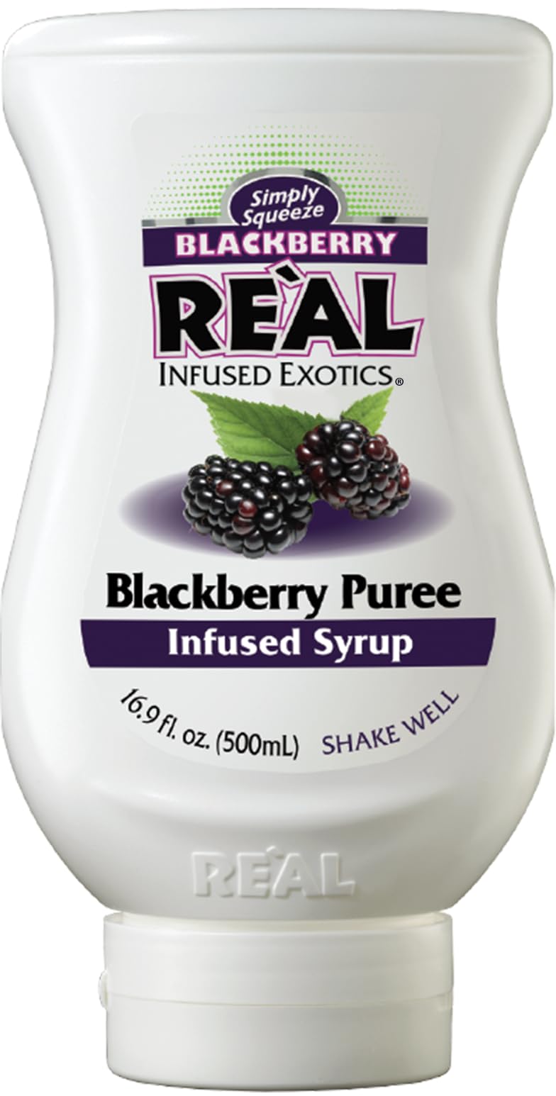 Reàl Infused Exotics blackberry bottle front view showing label and squeezable spout for easy pouring