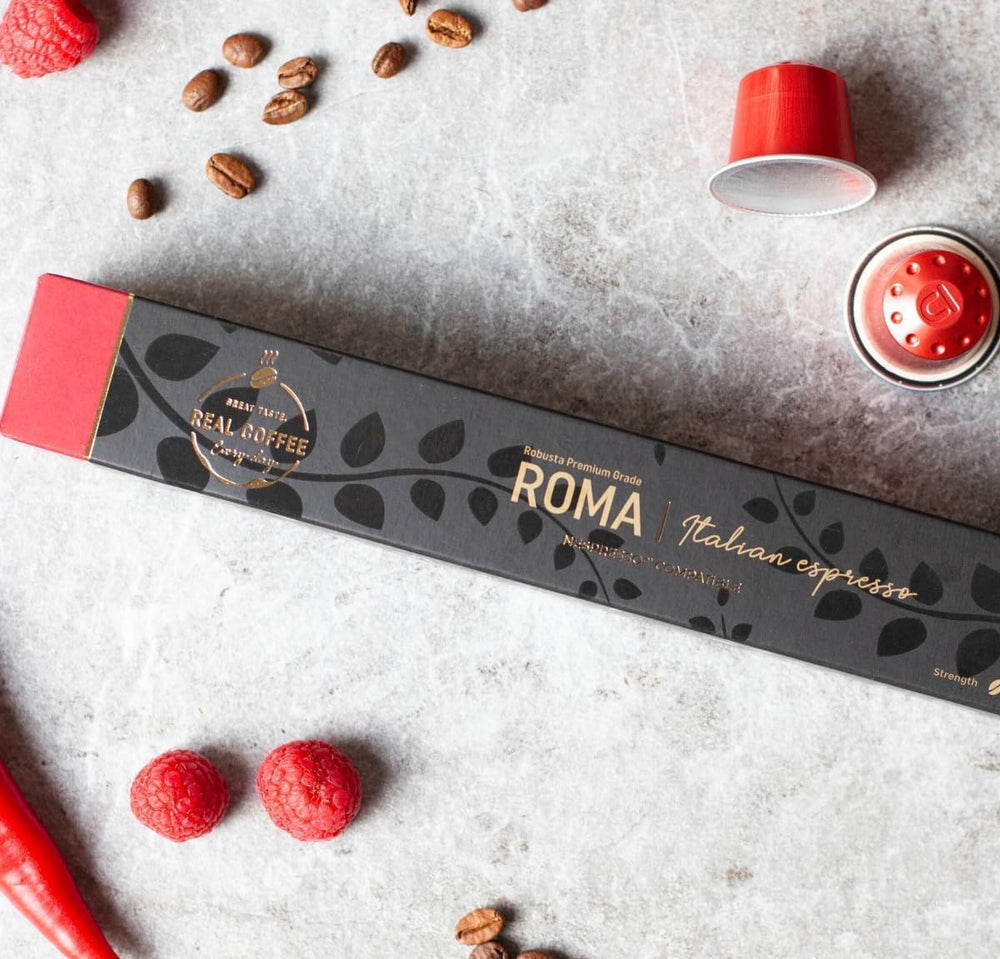 REAL COFFEE GREAT TASTE. EVERY DAY espresso shot with crema showing rich extraction