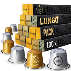 REAL COFFEE GREAT TASTE front packaging of Lungo Variety Pack highlighting two flavors