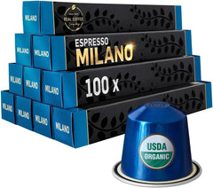 REAL COFFEE GREAT TASTE Milano front packaging showing 100 capsules and strong branding