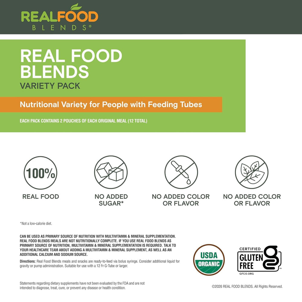REAL FOOD BLENDS caregiver pouring pouch in home setting showing time-saving convenience
