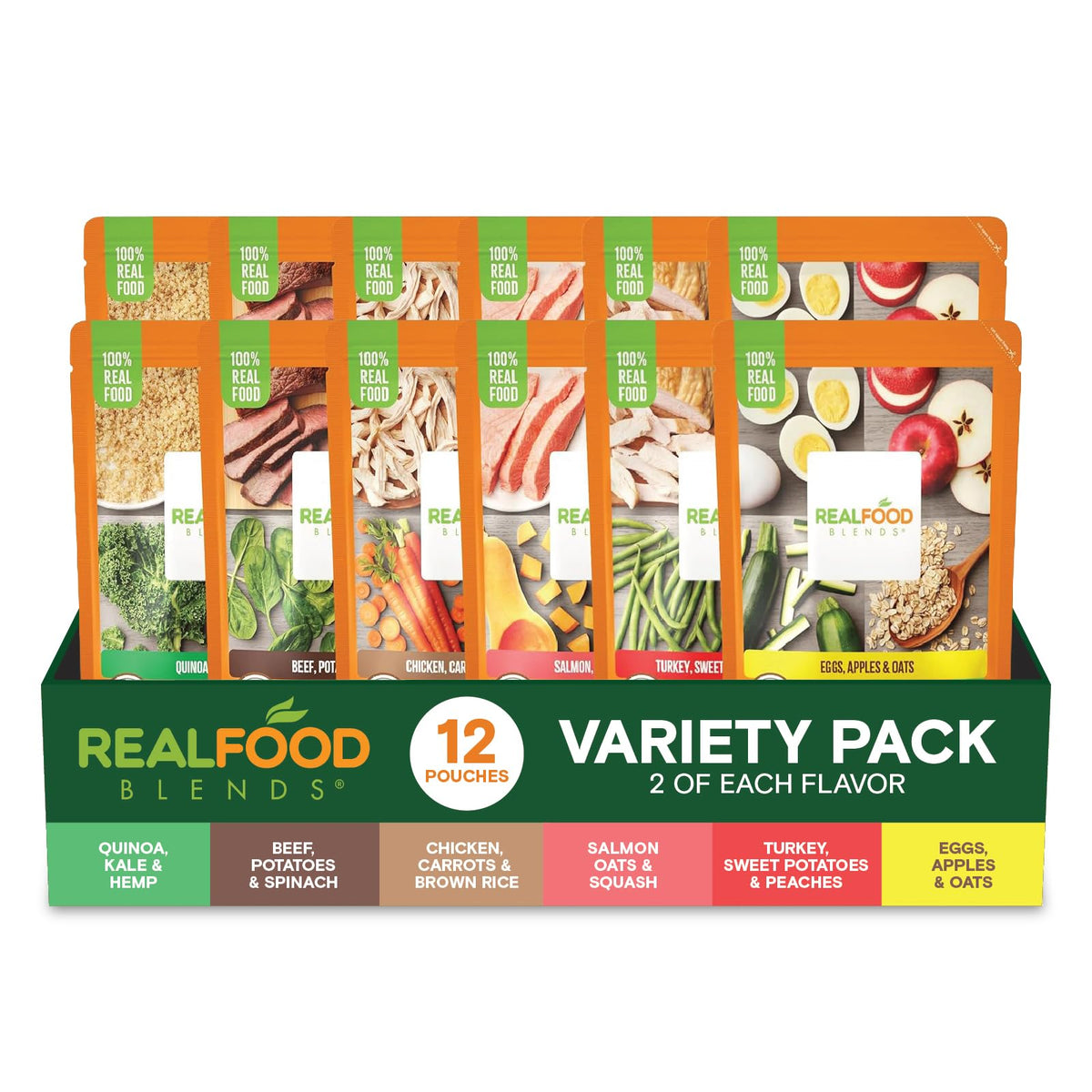 REAL FOOD BLENDS front packaging showing variety pack and ready-to-feed benefit