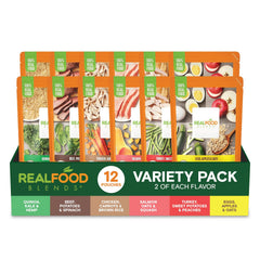 REAL FOOD BLENDS front packaging showing variety pack and ready-to-feed benefit