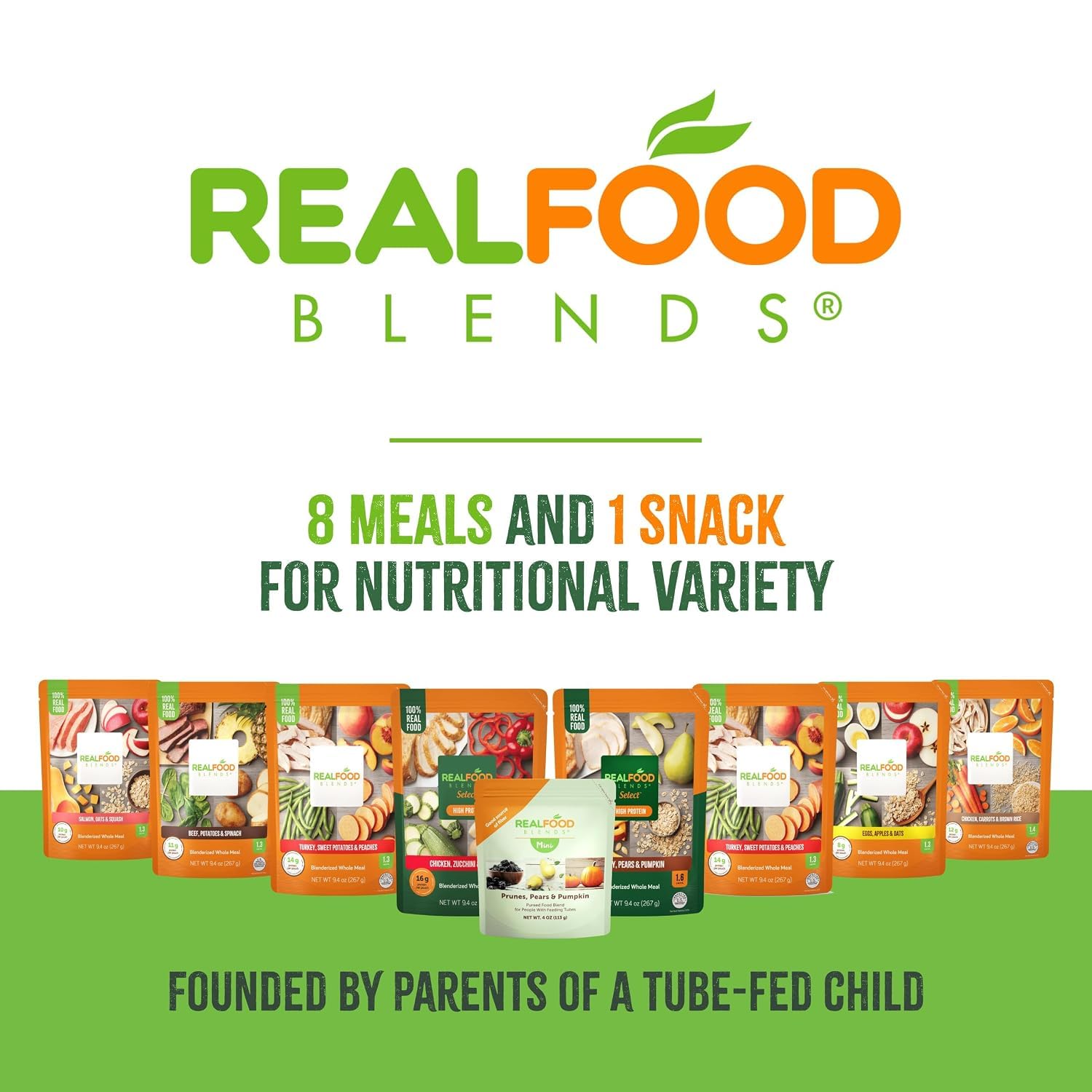REAL FOOD BLENDS arranged whole ingredients flatlay showing real-food sourcing benefit