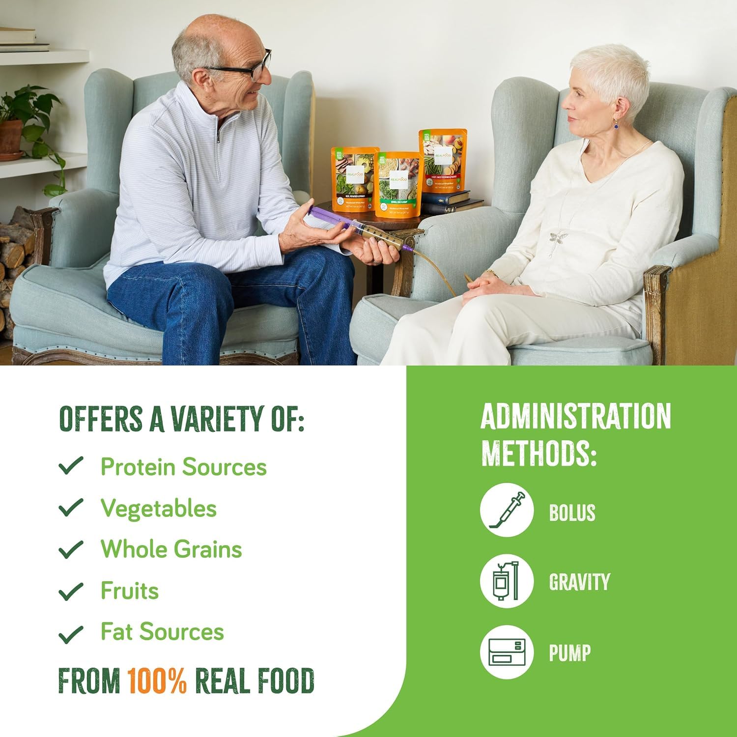 REAL FOOD BLENDS pouch next to a scale showing 9.4 oz portion and calorie clarity