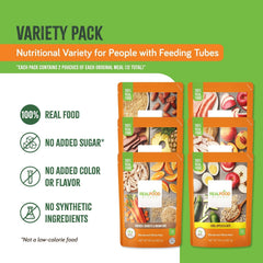 REAL FOOD BLENDS opened pouch close-up illustrating pourable texture for easy administration