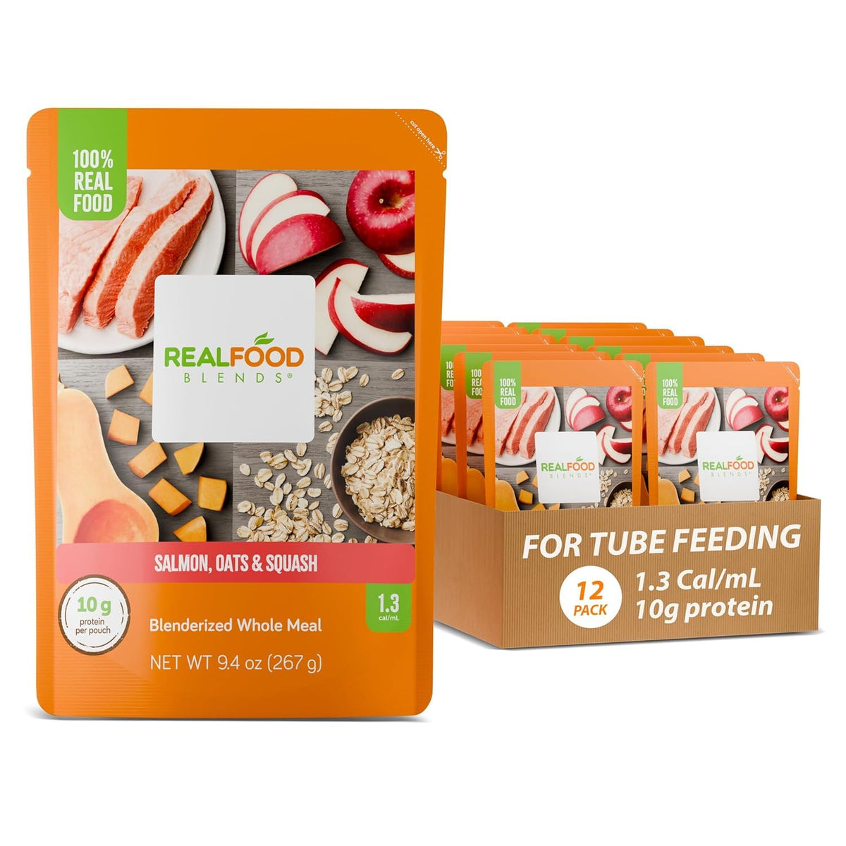 REAL FOOD BLENDS front packaging showing meal pouch and benefits
