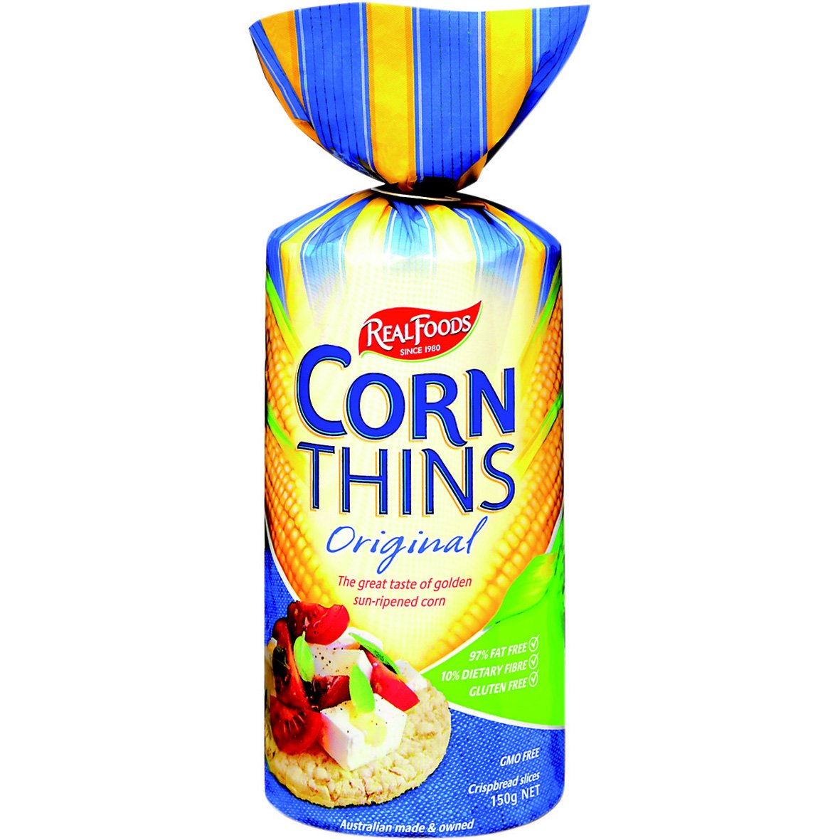 Real Foods corn thin front packaging showing organic crackers and pack convenience