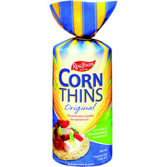Real Foods corn thin front packaging showing organic crackers and pack convenience