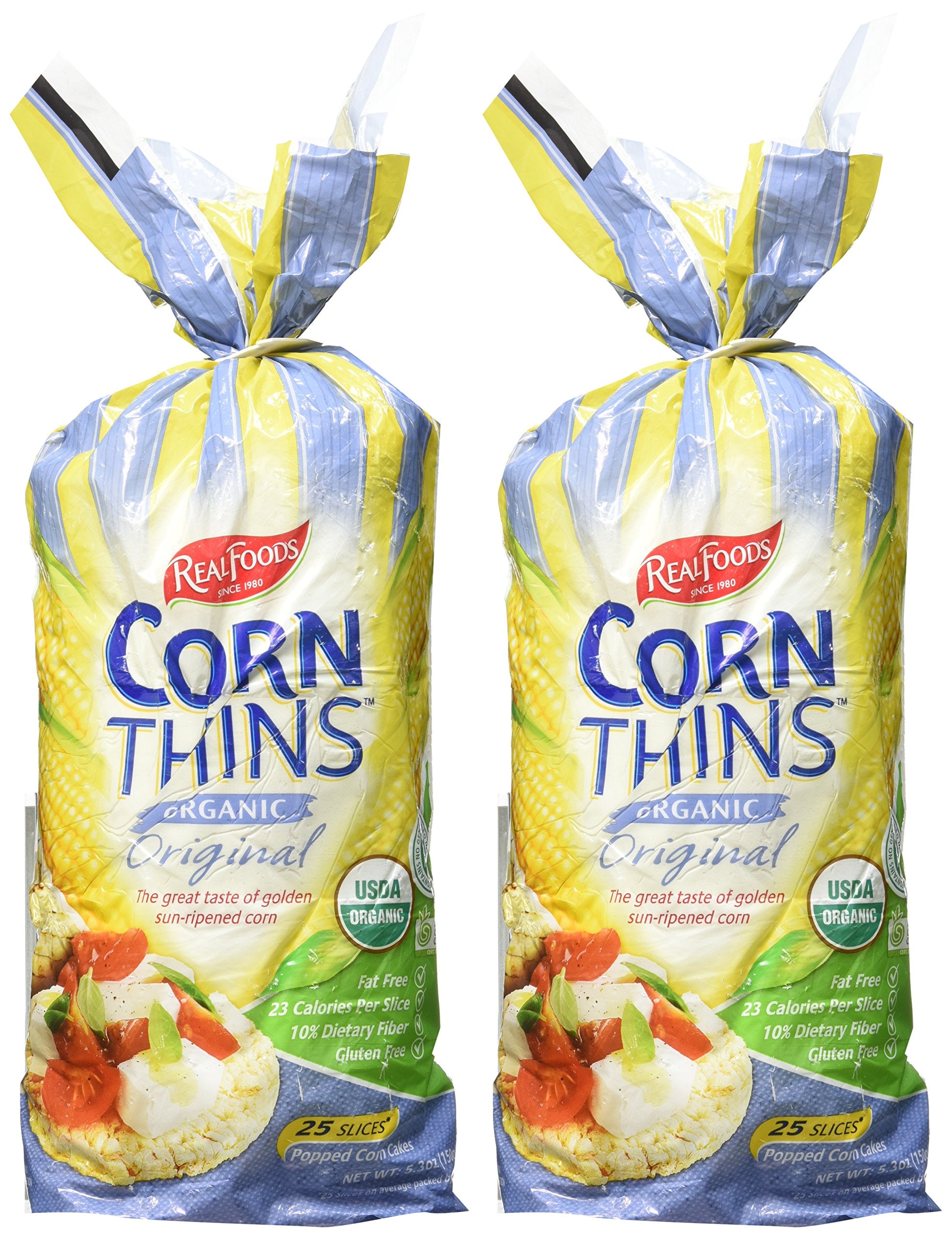 Real Foods front packaging showing organic corn thins and convenience