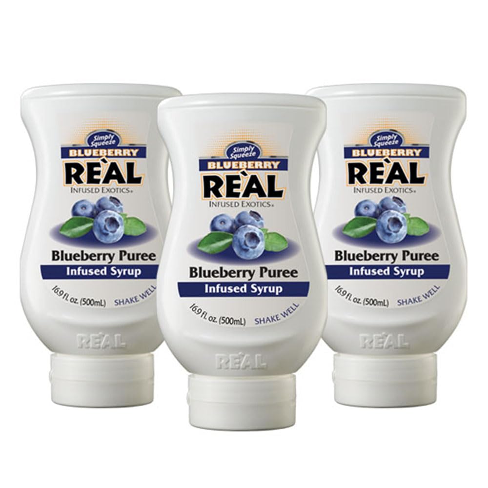 Reàl Infused Exotics front packaging showing three blueberry syrup bottles and bright label benefit quick service