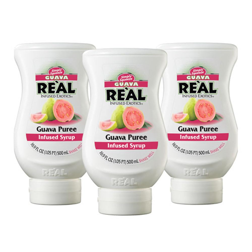 Reàl Infused Exotics front-packaging showing three guava syrup bottles, ideal for stocking a home bar