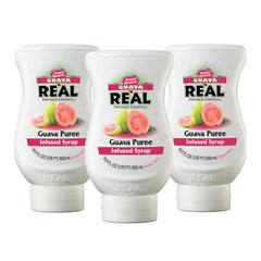 Reàl Infused Exotics front-packaging showing three guava syrup bottles, ideal for stocking a home bar