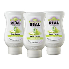 Reàl Infused Exotics front packaging showing three 16.9 fl oz bottles and clear pear label, precise flavor