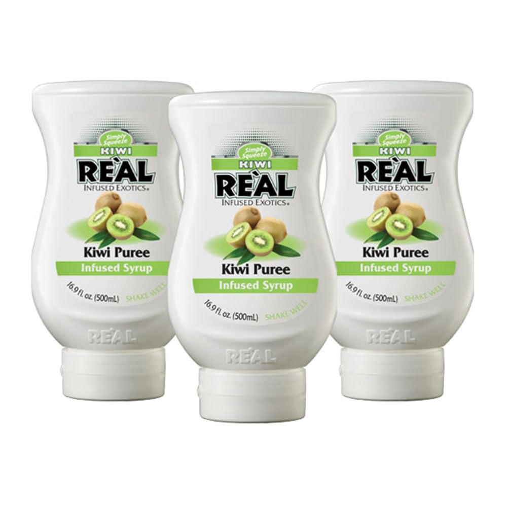 Reàl Infused Exotics front packaging showing three kiwi puree bottles and brand