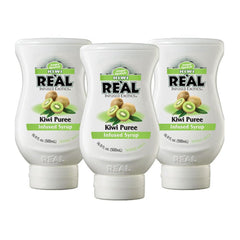 Reàl Infused Exotics front packaging showing three kiwi puree bottles and brand