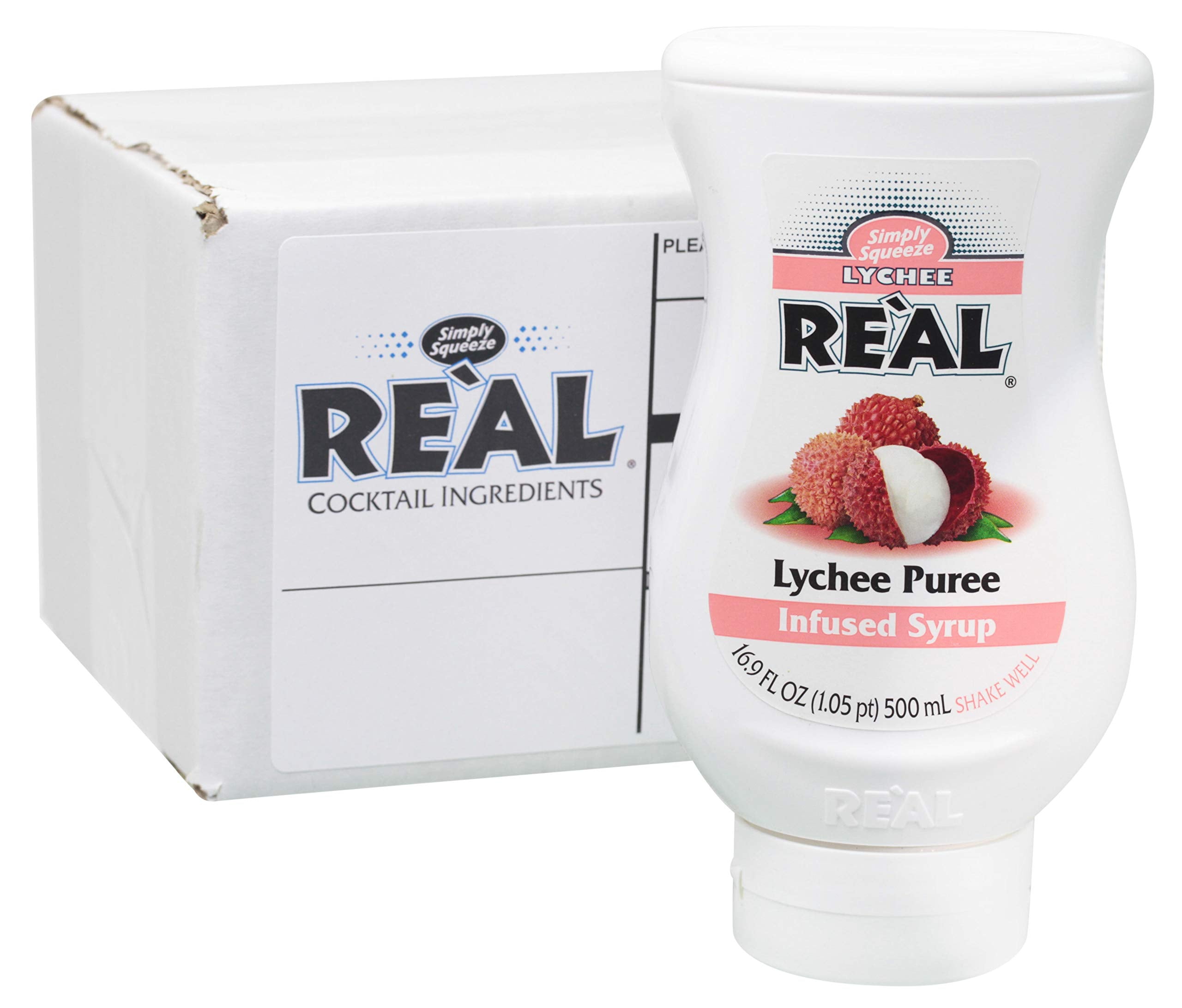 Reàl Infused Exotics lychee puree front packaging showing bottle and easy-pour benefit