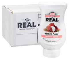 Reàl Infused Exotics lychee puree front packaging showing bottle and easy-pour benefit