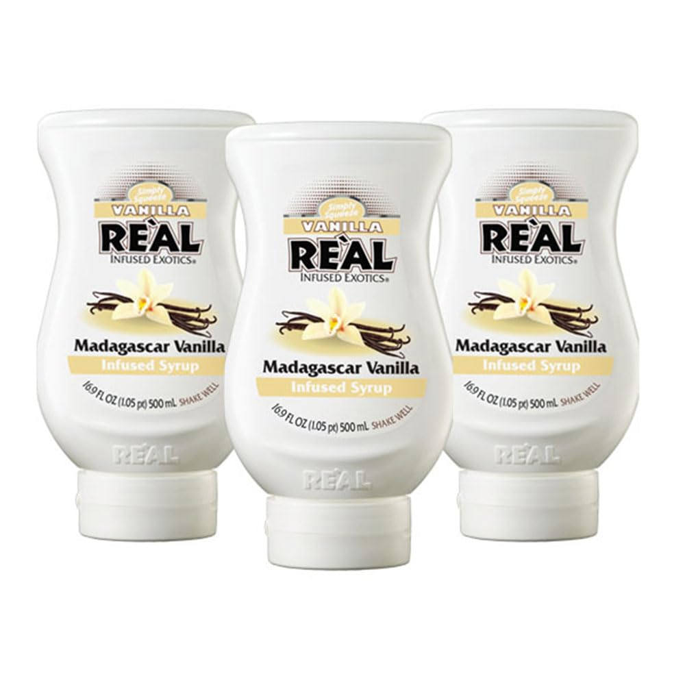 Reàl Infused Exotics front packaging showing three 16.9 fl oz bottles and clear label benefit