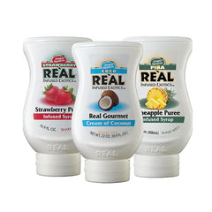 Reàl Infused Exotics pack front showing three squeezable bottles for easy flavoring