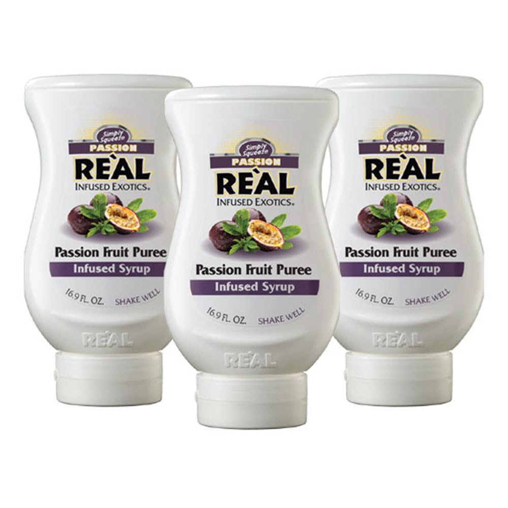 Reàl Infused Exotics front packaging showing bottle and purple passion fruit flavor for consistent mixing