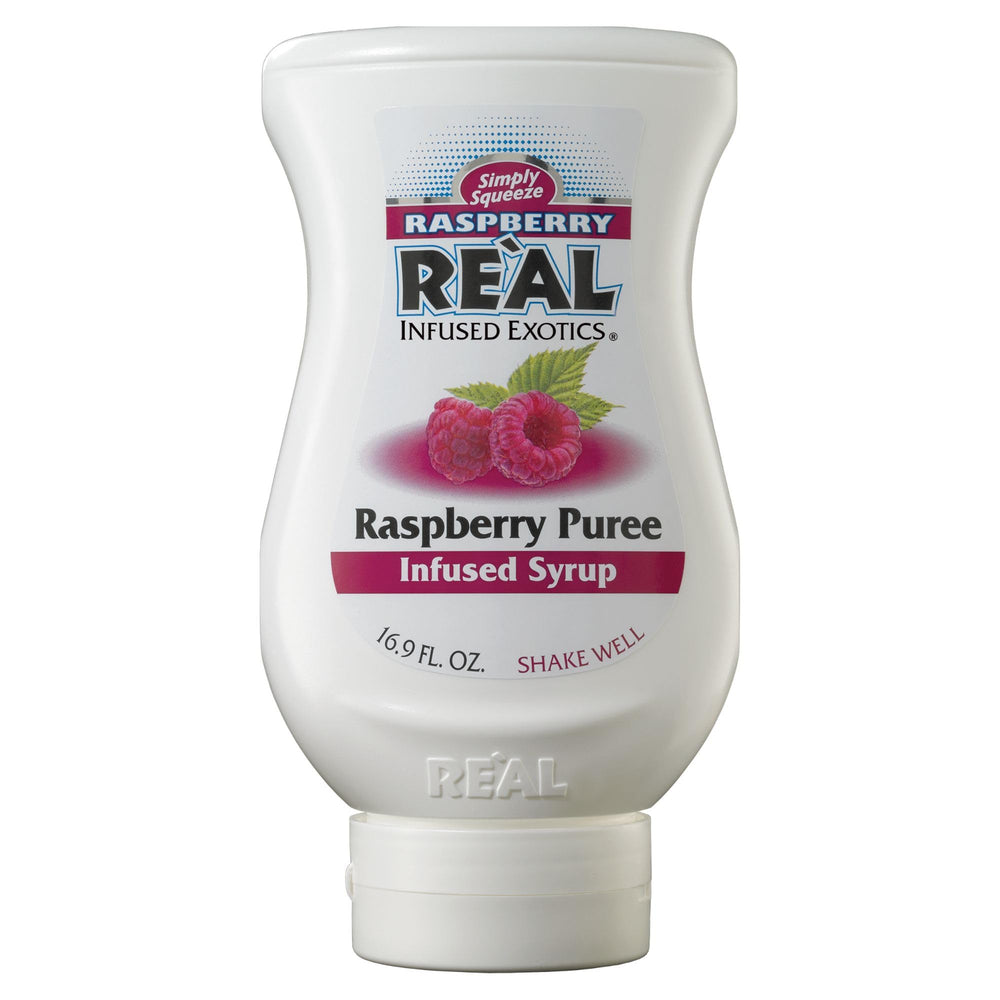 Reàl Infused Exotics bottle front view showing raspberry syrup and elegant label