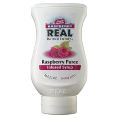 Reàl Infused Exotics bottle front view showing raspberry syrup and elegant label