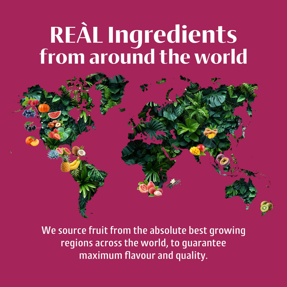 Reàl Infused Exotics syrup drizzled over dessert providing vivid fruit glaze