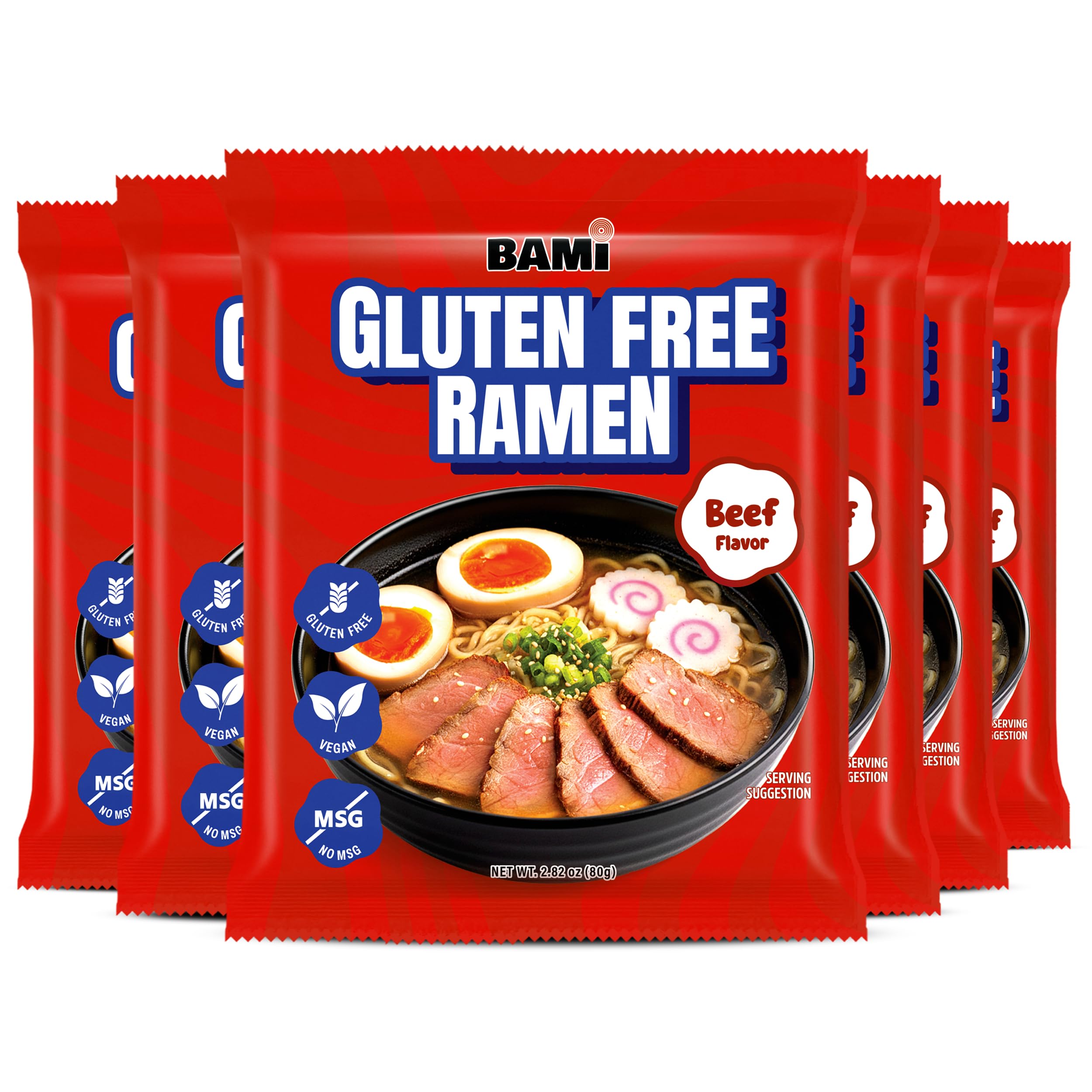 Real Naturals front packaging showing gluten-free beef ramen and six-pack benefit
