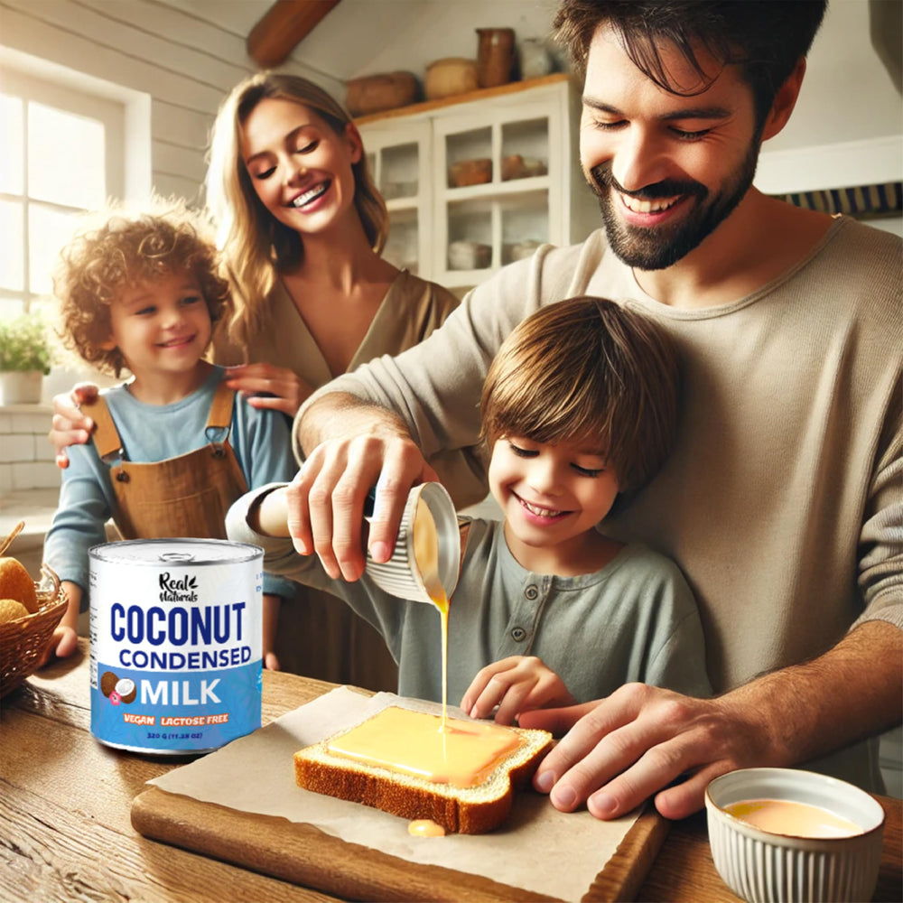 Real Naturals spoon with thick coconut condensed milk highlighting creamy texture