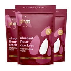 Real Phat Foods front packaging showing pack of cinnamon almond crackers and value 3-pack benefit