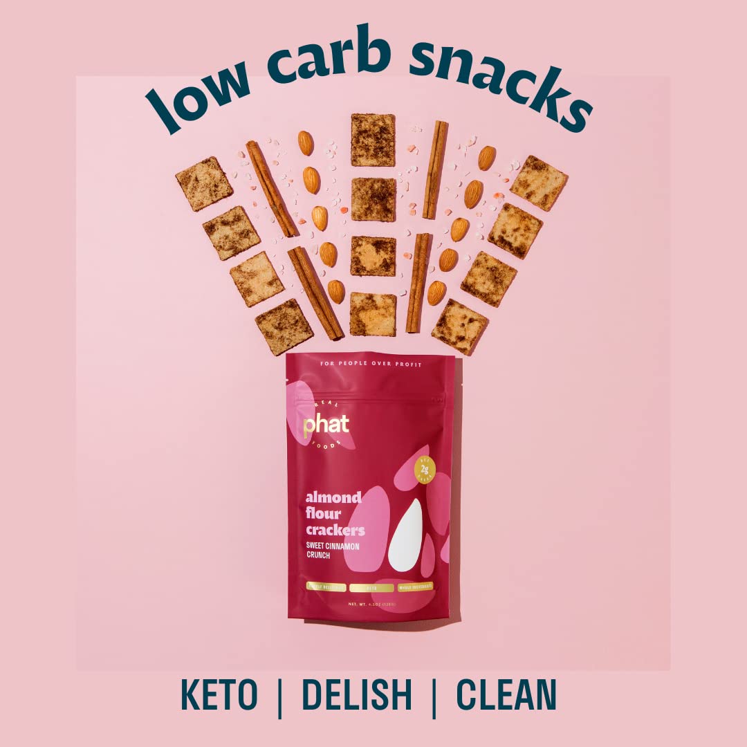 Real Phat Foods crackers by a scale showing serving size and value of almost one pound total