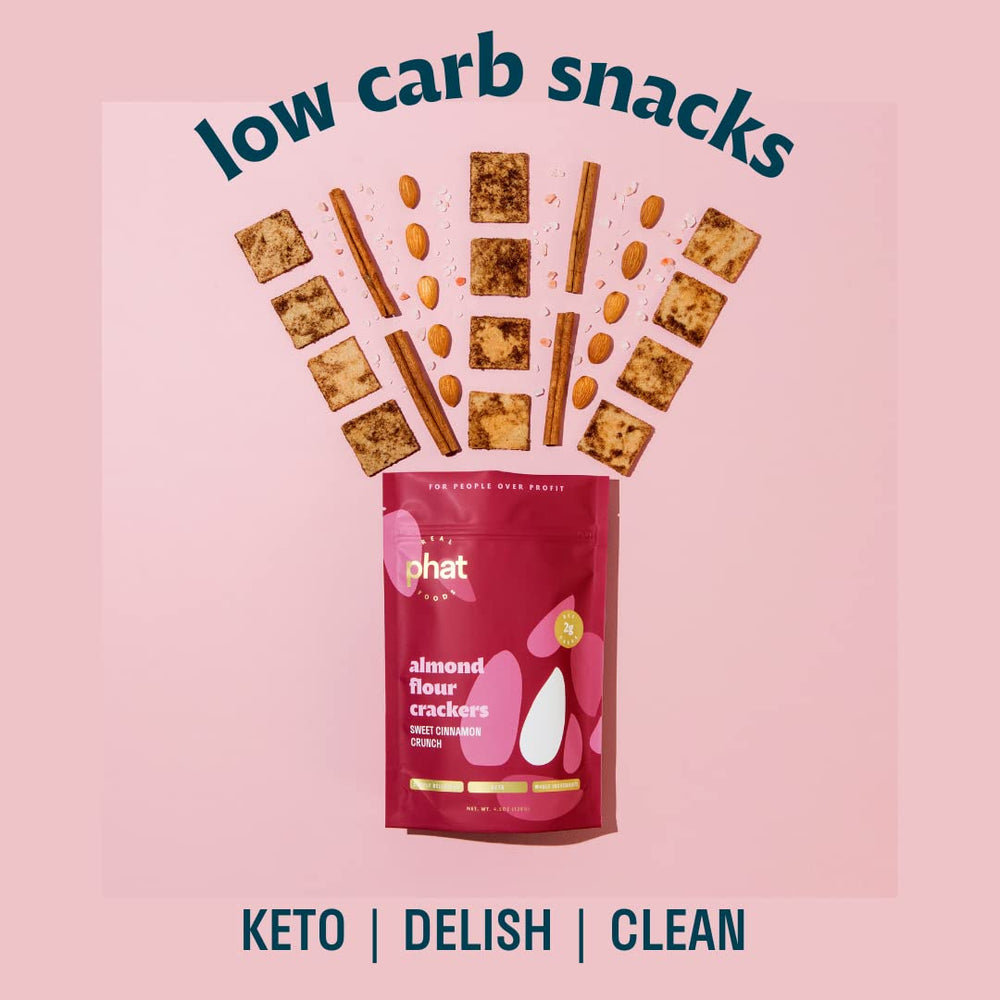 Real Phat Foods crackers by a scale showing serving size and value of almost one pound total