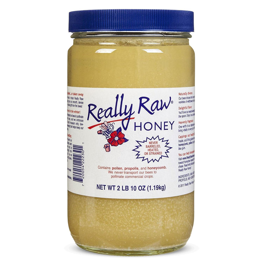 Really Raw jar front view showing natural unfiltered honey and family-farm label