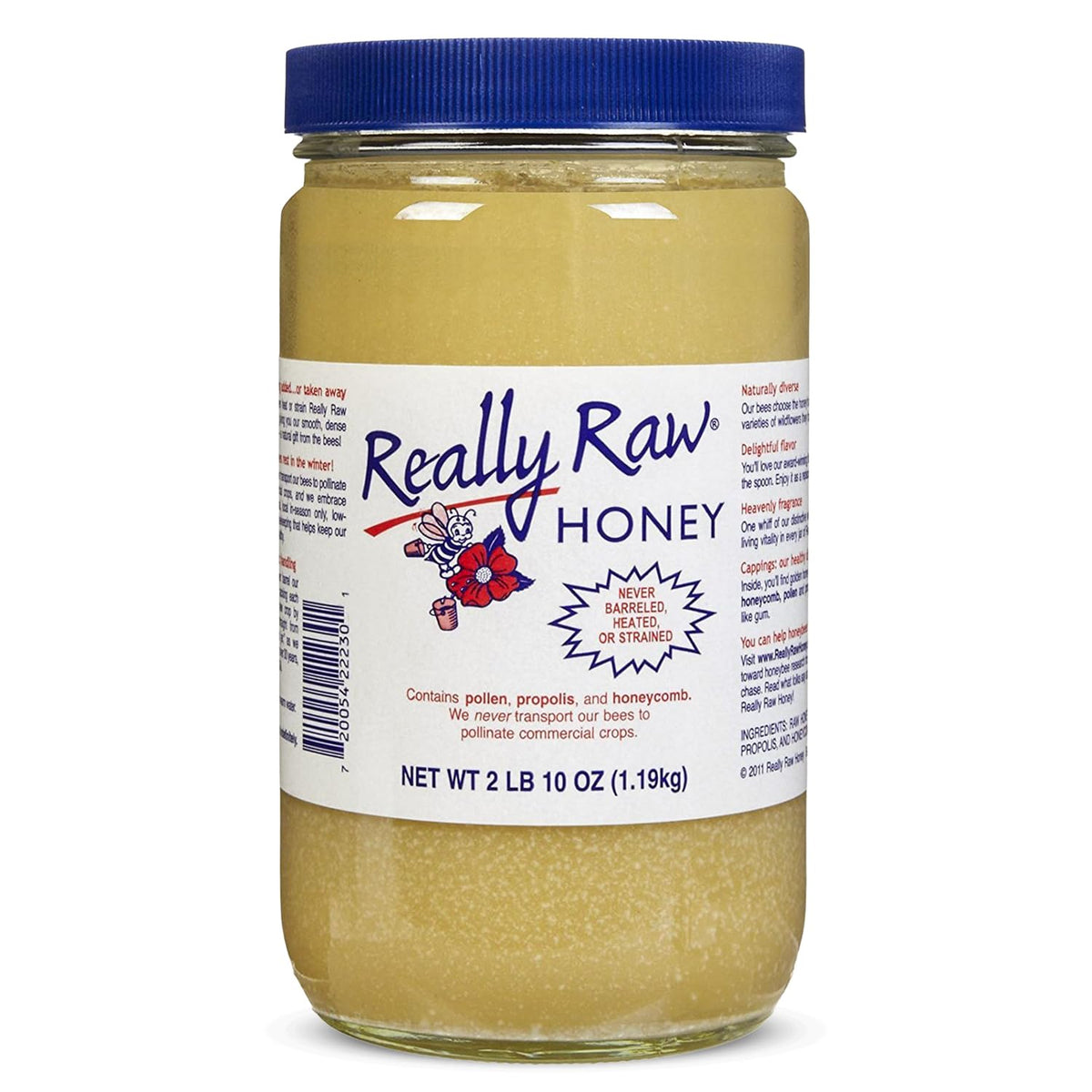 Really Raw jar front view showing natural unfiltered honey and family-farm label