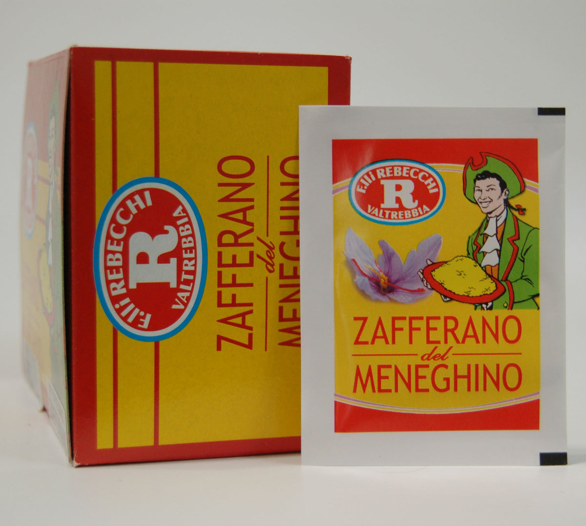rebechi front packaging showing sealed saffron powder pouches for freshness and measured dosing