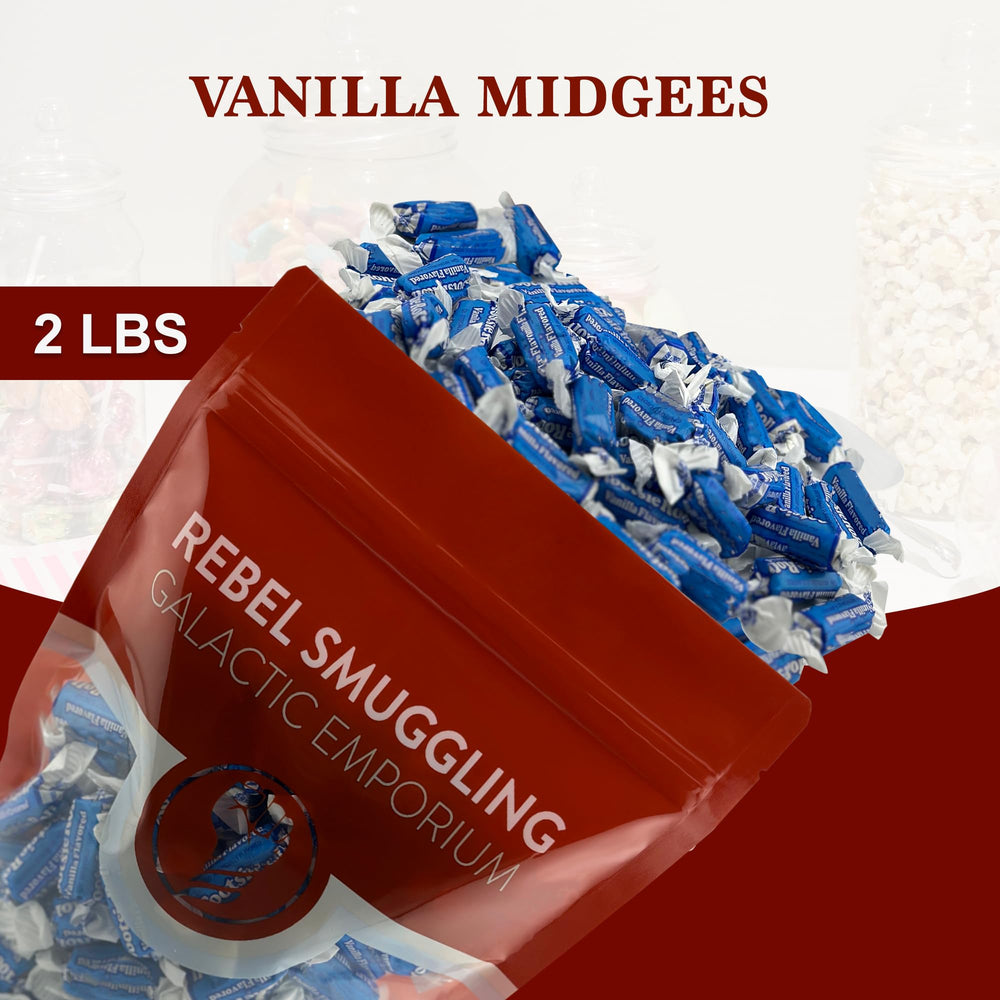 Rebel Smuggling Vanilla Midgees texture close-up highlighting soft chew, appetizing detail