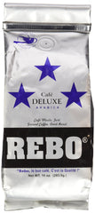 Rebo Deluxe Dark Roast front packaging showing 10 oz bag and label, clear branding benefit