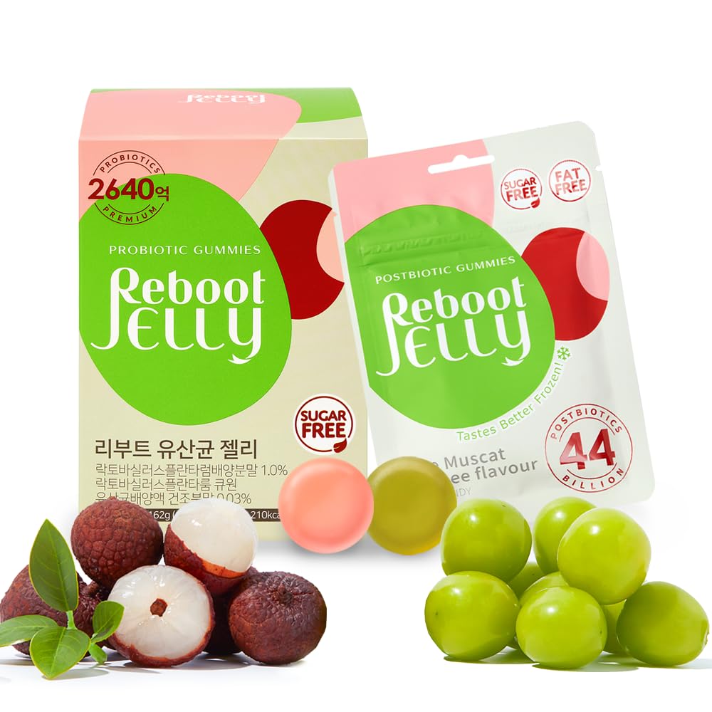 Reboot Jelly front packaging showing lychee and Shine Muscat, convenient six-pack