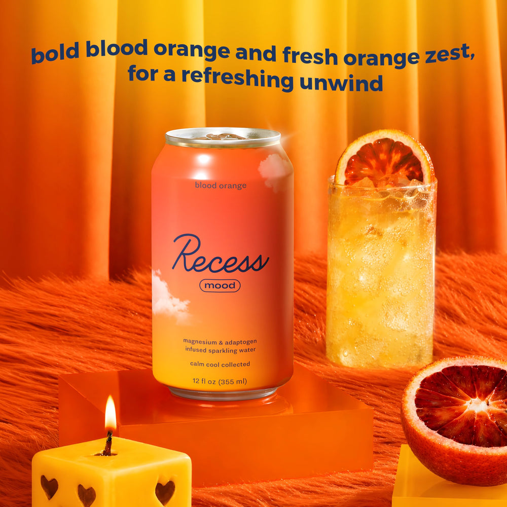 Recess blood orange sparkling bubbles closeup showing texture and refreshing fizz benefit