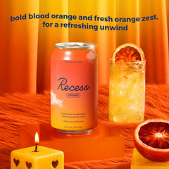 Recess blood orange sparkling bubbles closeup showing texture and refreshing fizz benefit