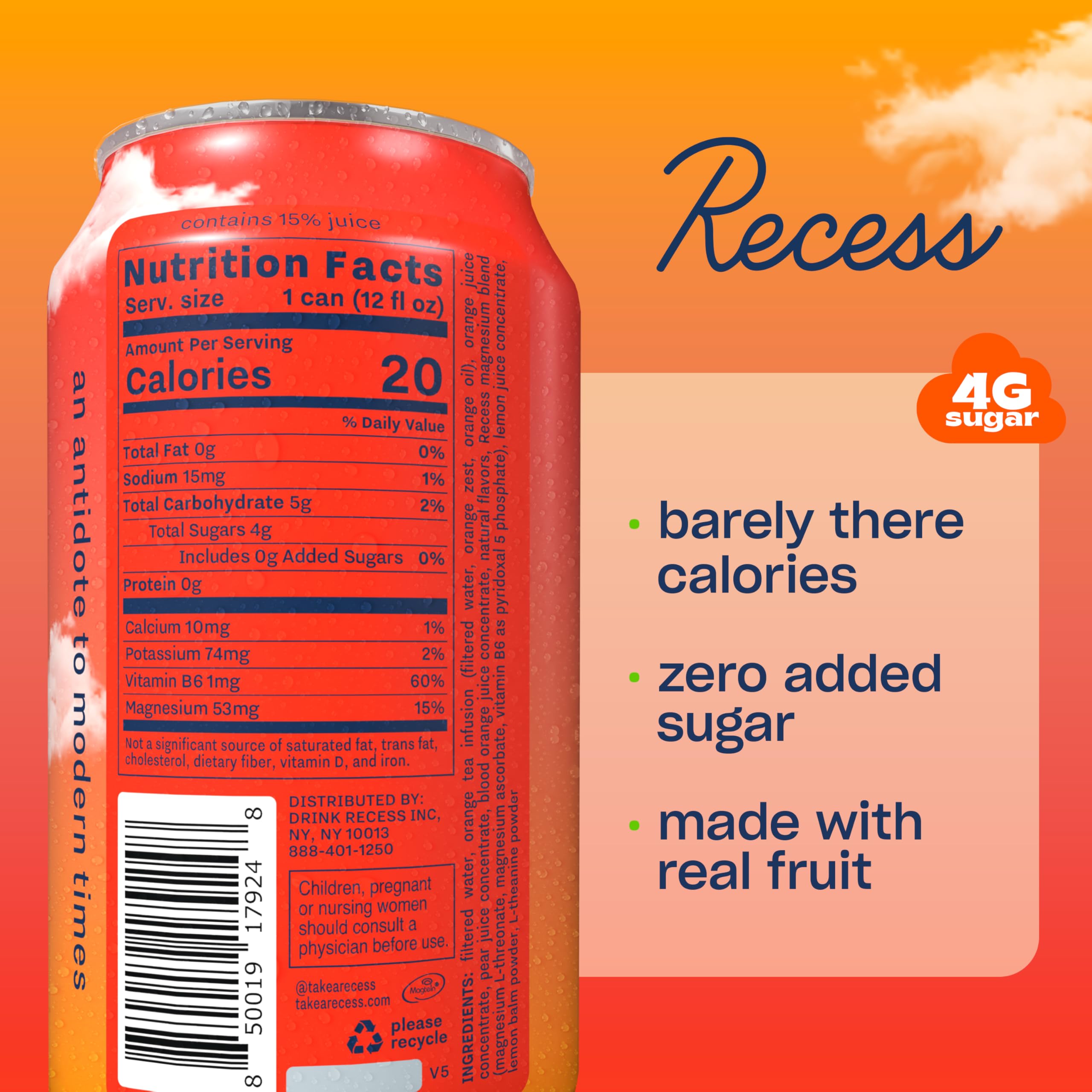 Recess blood orange single can closeup highlighting label and sleek can design benefit