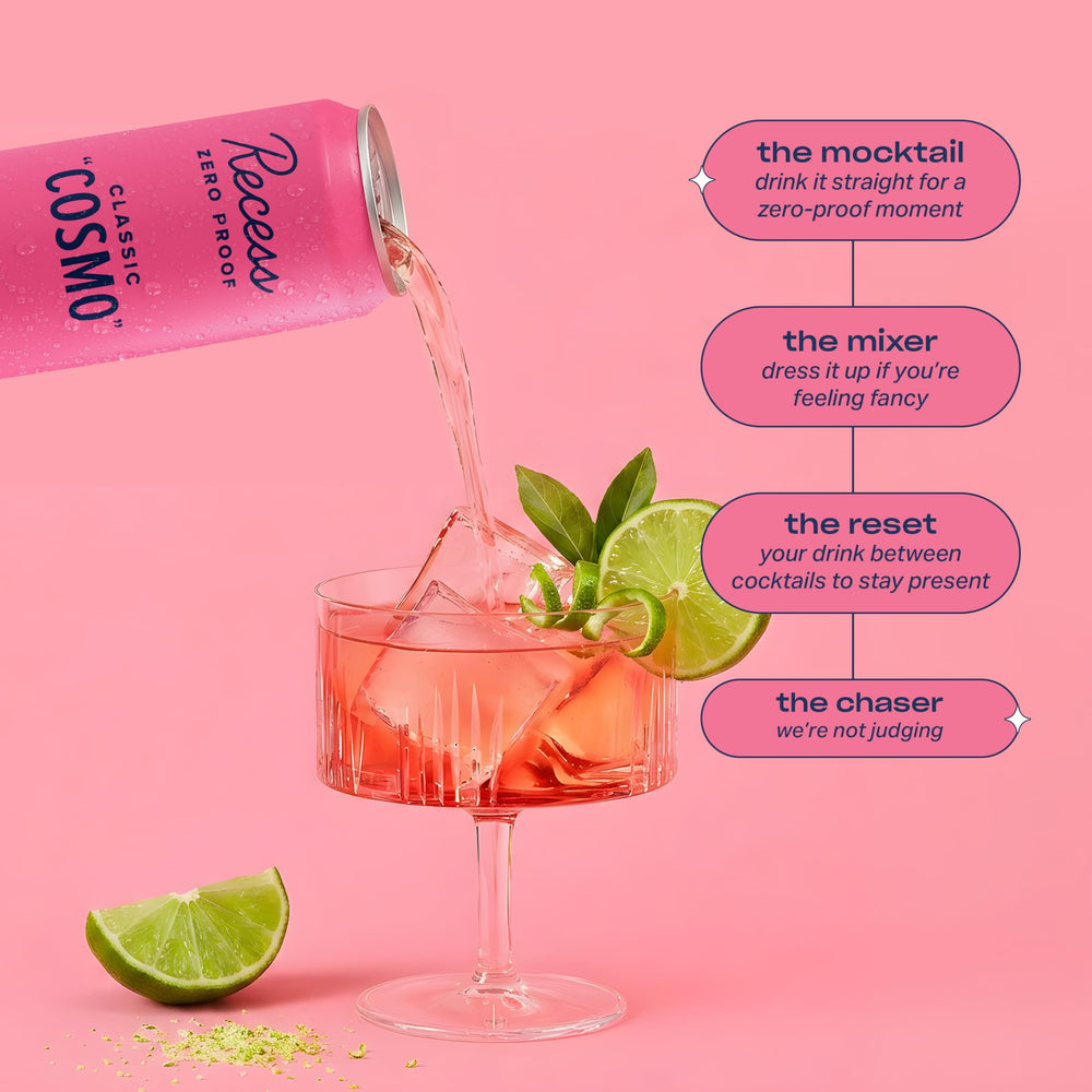 Recess Classic Cosmo poured into a glass with ice showing refreshing appearance