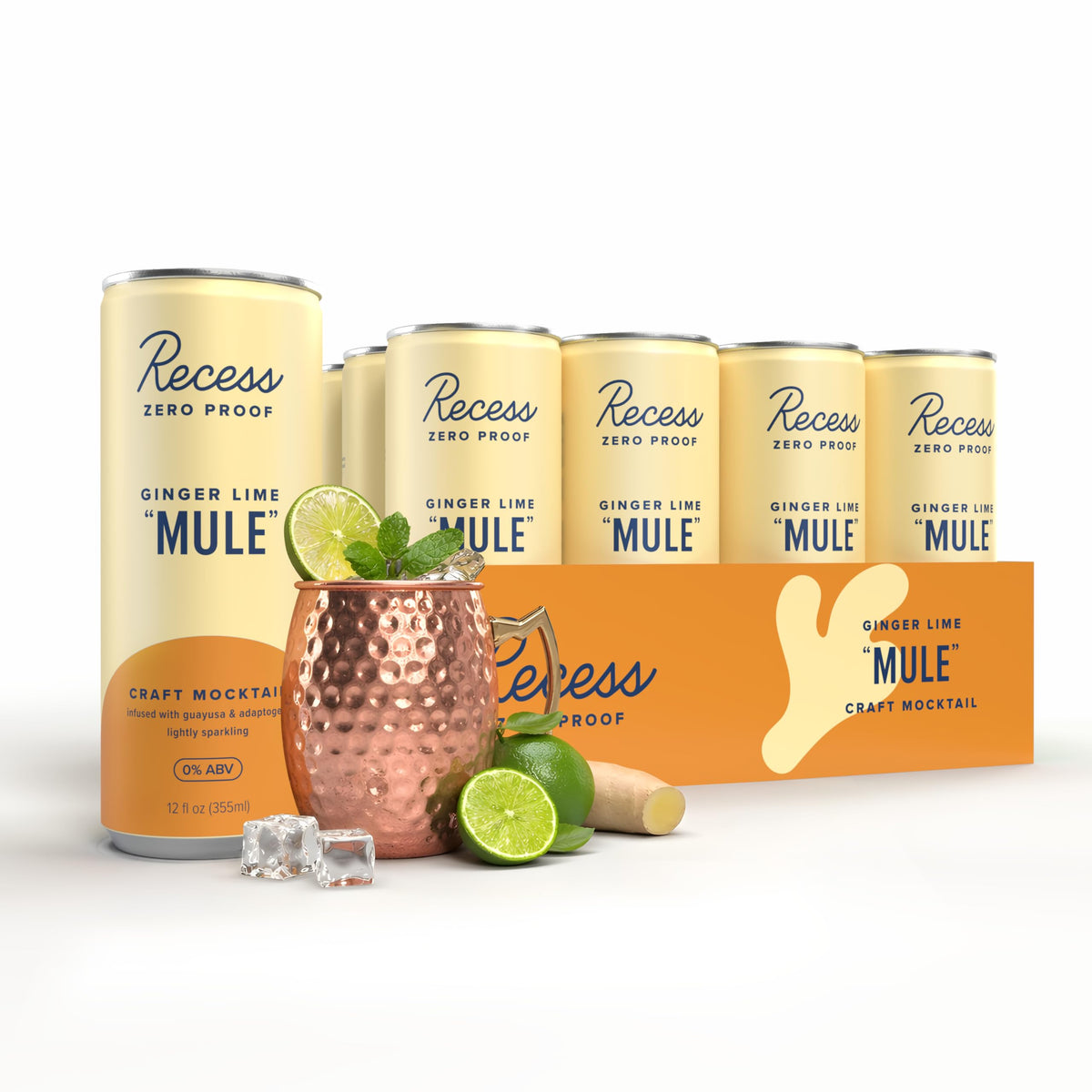 Recess can front packaging showing label and low-calorie benefit
