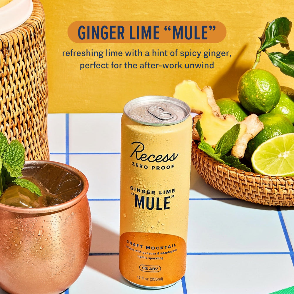 Fresh ginger and lime next to a Recess can emphasizing natural flavor