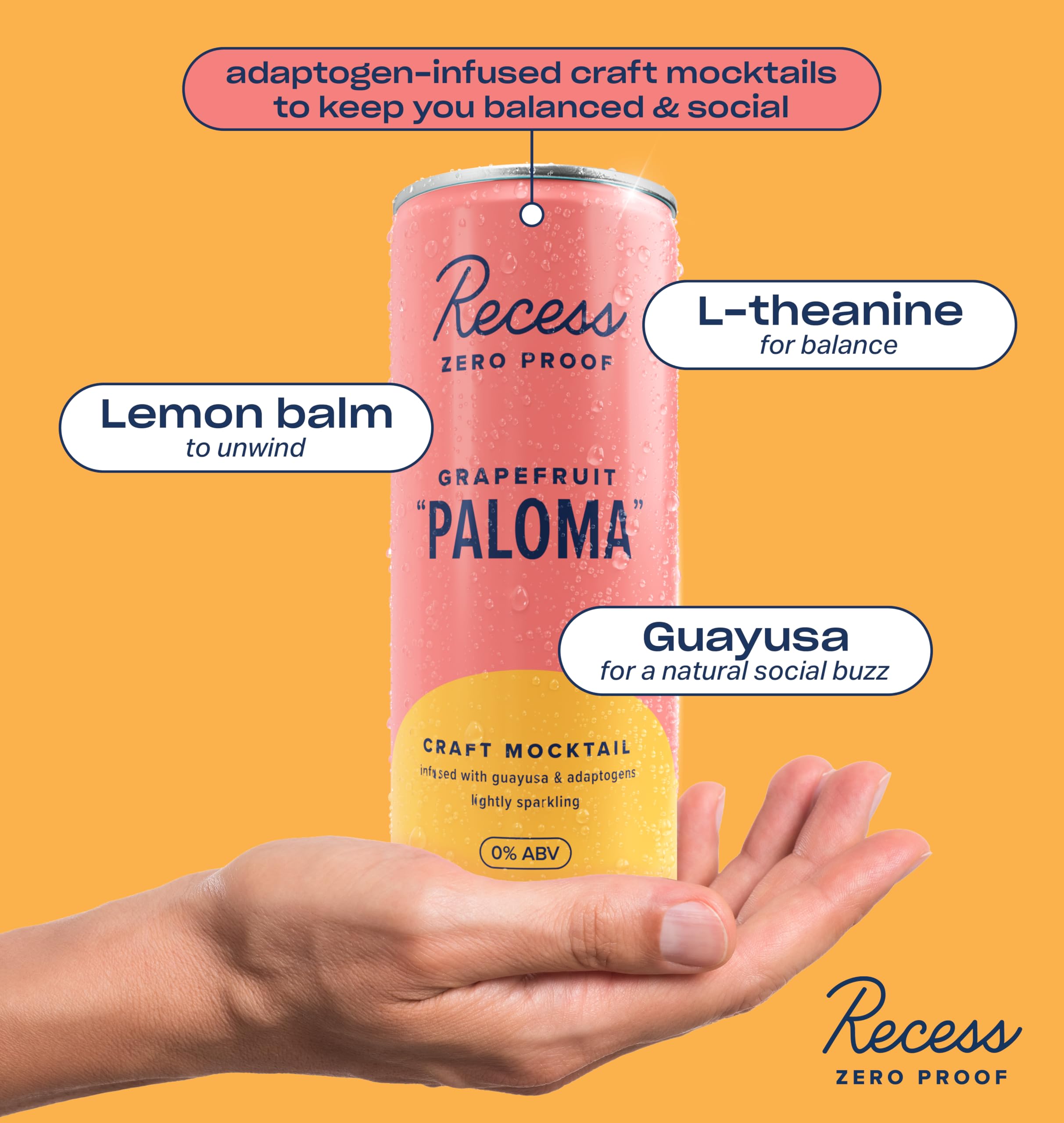 Recess can held in hand to show scale and portable, ready-to-drink alcohol-free alternative