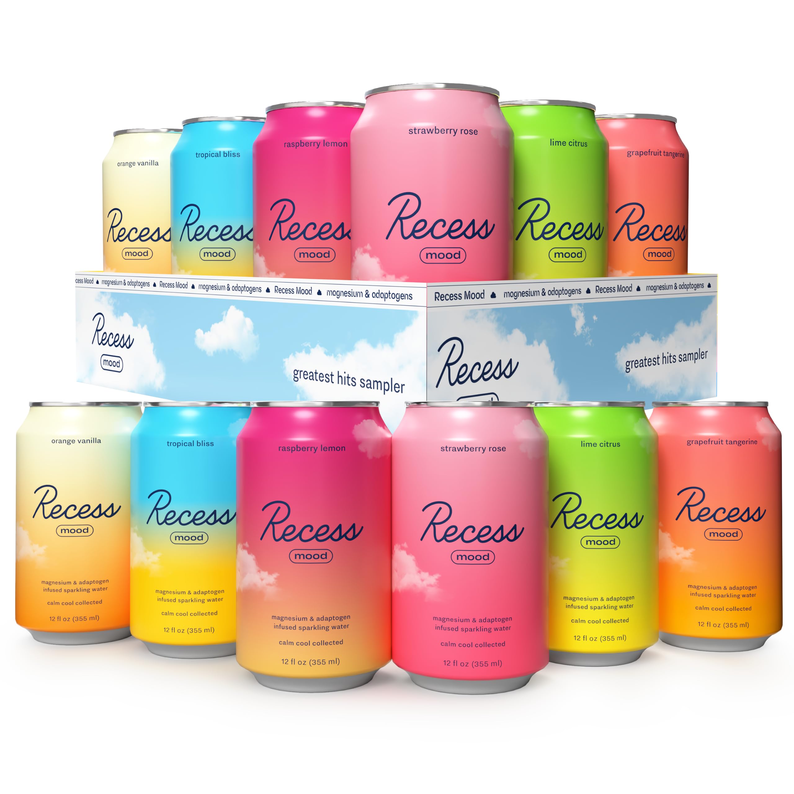 Recess greatest hits front packaging showing mixed flavors and calm branding